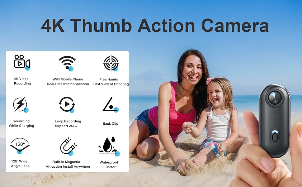 Text reads '4K Thumb Action Camera'. Product showcase of a small action camera with icons indicating features like WiFi and waterproof capabilities.