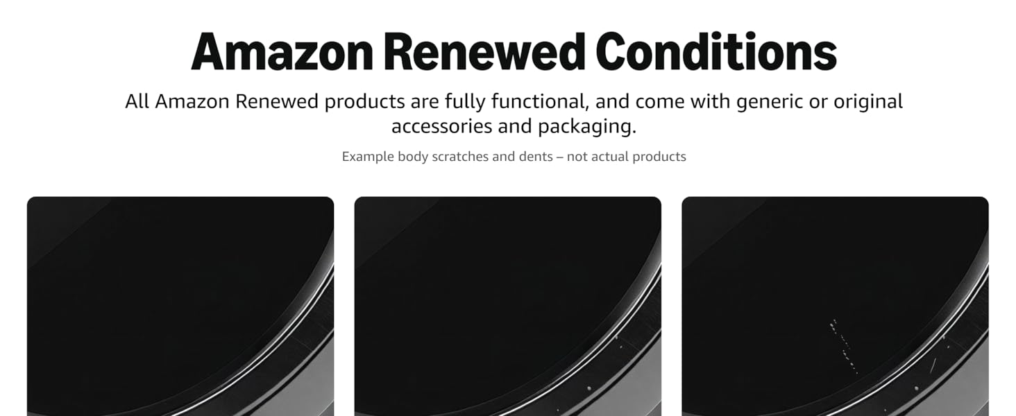 Text reads 'Amazon Renewed Conditions'. Series of product inspection images showing close-up details of what appears to be electronic device surfaces.