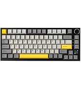 Multiple views of a mechanical keyboard with beige and dark keycaps, featuring some gold/yellow accent keys and a compact design.