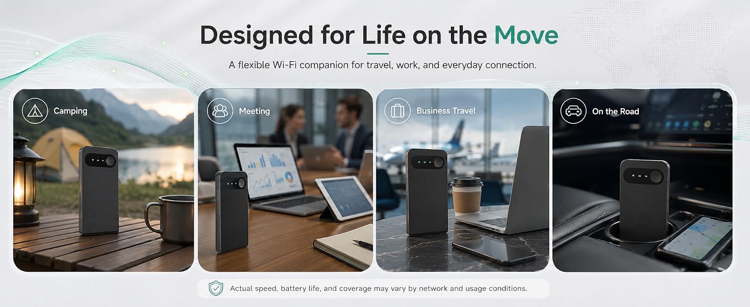 Text reads 'Designed for Life on the Move'. Composite image showing portable device usage across multiple outdoor and indoor settings including mountains, car interior, and office workspace.