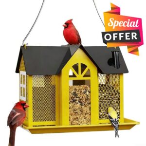 Solar Bird Feeder Hanging Squirrel Proof Metal Garden Bird House with Solar Light Decor for Outdoor Yard Wildlife Watching For for Finch Weatherproof Station(yellow)