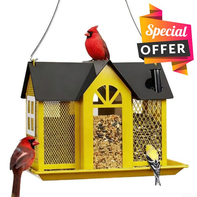 Solar Bird Feeder Hanging Squirrel Proof Metal Garden Bird House with Solar Light Decor for Outdoor Yard Wildlife Watching For for Finch Weatherproof Station(yellow)