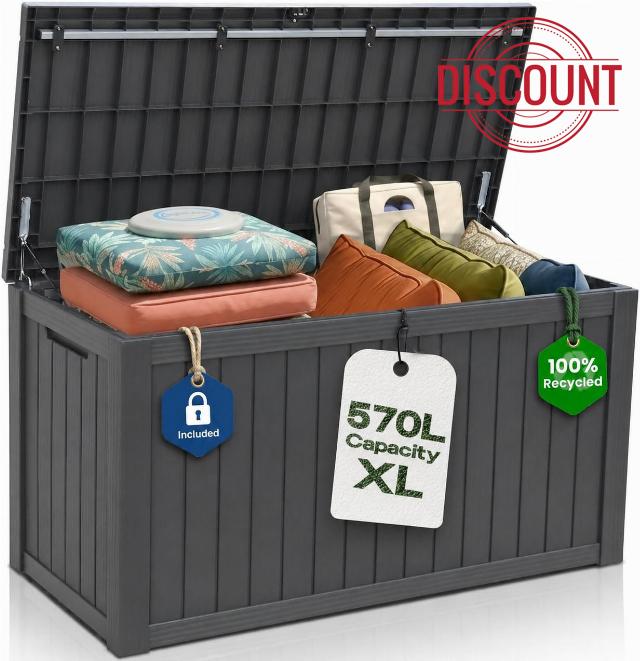Olsen & Smith 570L Recycled Lockable Outdoor Garden Storage Box – Weatherproof & Waterproof Anthracite Chest with Padlock & Gas-Assisted Lid – Store Cushions
