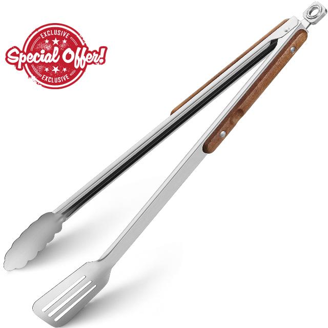 16-Inch Grill Tongs - Extra Long BBQ Tongs with Wood Handles - Heavy Duty Heat Resistant Barbecue Tong Stainless Steel Metal Tong for Cooking
