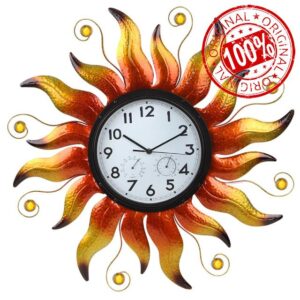 Large Outdoor Clock with Thermometer & Humidity - Silent Non-Ticking Sun Outdoor Wall Clock for Patio