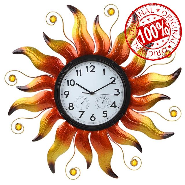 Large Outdoor Clock with Thermometer & Humidity - Silent Non-Ticking Sun Outdoor Wall Clock for Patio
