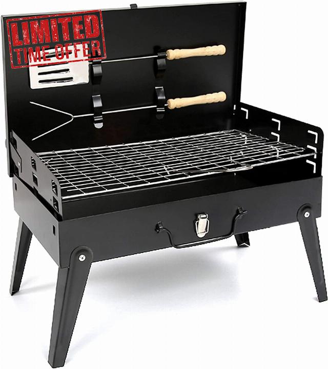 Garden Mile Portable Charcoal BBQ Grill with Adjustable Height - Folding Black Iron Barbecue Grill with Accessories - Compact Outdoor BBQ & Smoker - Freestanding Charcoal Barbecue for Camping
