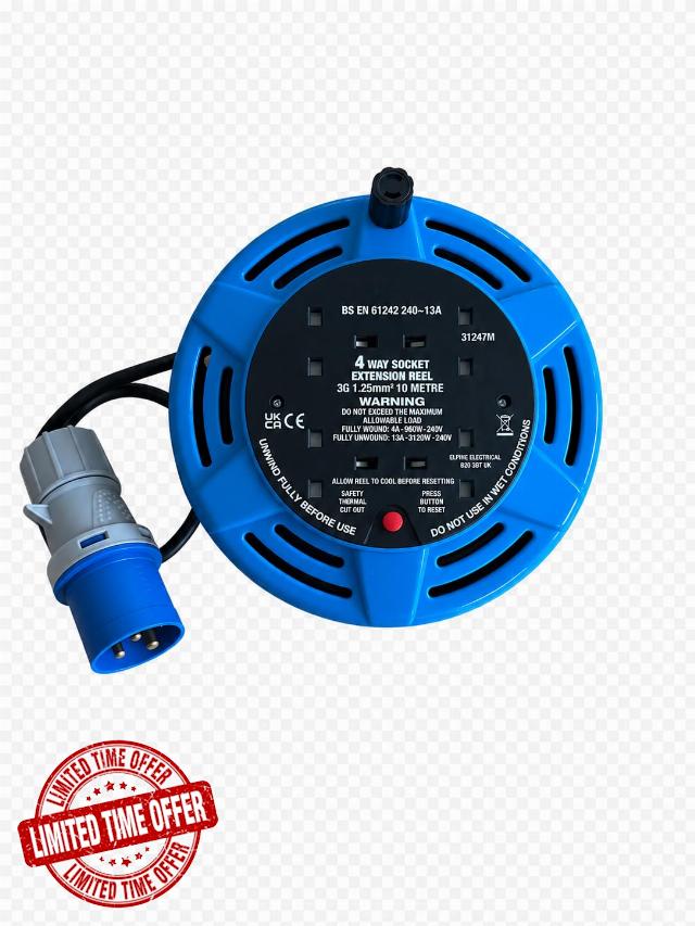 Camping Tent Electric Mains Hook up Reel Caravan Power Cable 16A Plug 10M with Thermal Cut-Out (Blue)
