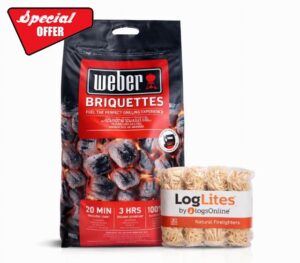 Logs Online BBQ Charcoal Bundle – Weber (3 Bags) 8KG Briquettes + 50 LogLites Firelighters – Barbecue Grill Accessories for Charcoal Grill Cooking & Fire Starters