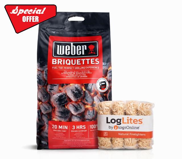 Logs Online BBQ Charcoal Bundle – Weber (3 Bags) 8KG Briquettes + 50 LogLites Firelighters – Barbecue Grill Accessories for Charcoal Grill Cooking & Fire Starters