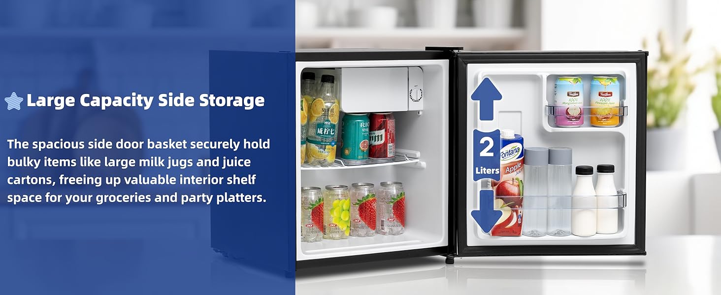 Text reads 'Large Capacity Side Storage'. Refrigerator interior shots showing door storage compartments with various items and bottles.