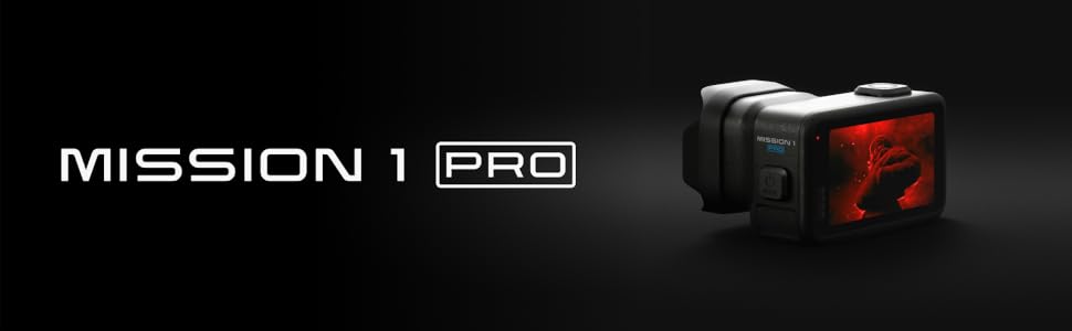 Text reads 'MISSION 1 PRO'. Black compact action camera with display screen shown in product shot.