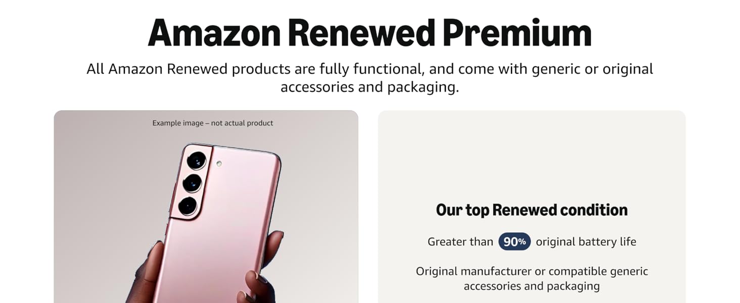 Text reads 'Amazon Renewed Premium'. Document pages showing warranty and product information with mobile device images.