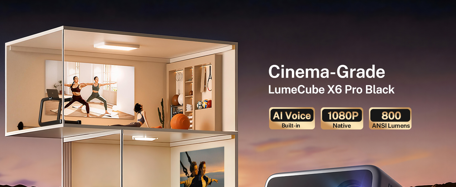 Text reads "Cinema-Grade LumiCube X4 Pro Black" with "4K/60p", "1080p", "800 lm" specifications. Modern home interior with lighting fixture displayed, professional cinema equipment showcase.