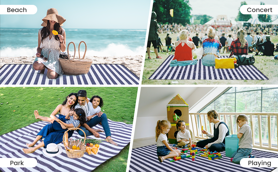 Text labels read 'Beach' and 'Camping'. Four lifestyle photographs showing families using striped beach towels and blankets in beach, camping, and outdoor recreational settings.