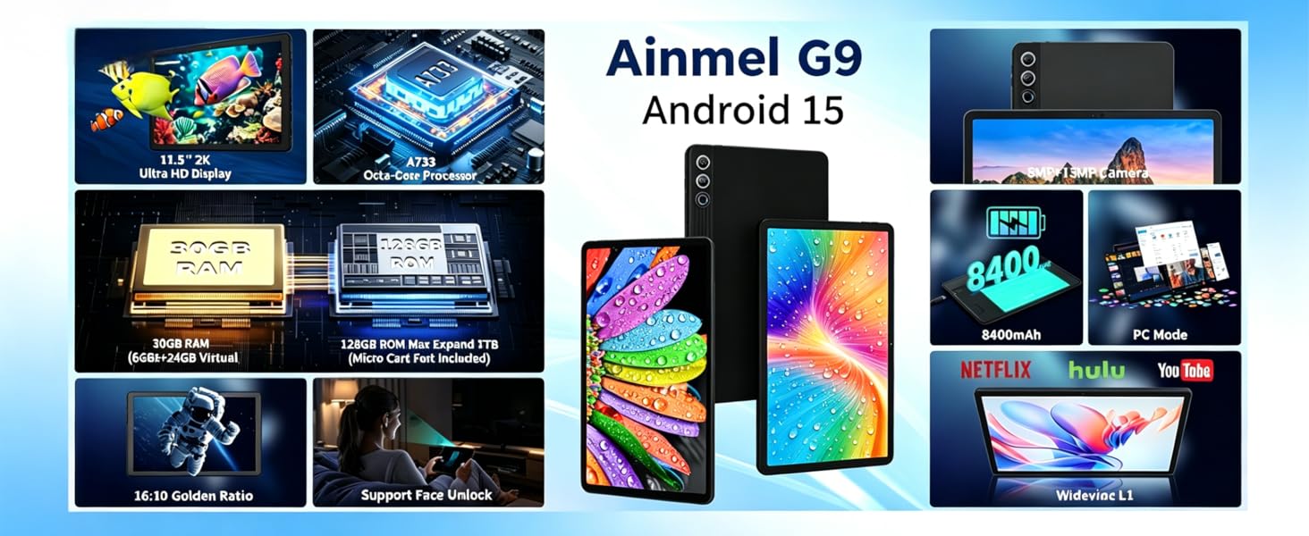 Text reads 'Aimmel 69 Android 13'. Product showcase composite displaying multiple smartphone screens with colorful digital interfaces, app displays, and interface elements against blue background.