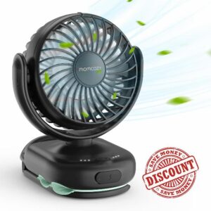 momcozy Portable Stroller Fan with Clip | 4-Speed Mini-Fan for Carrier | Personal Fans Ultra Light 0.11kg | Gaps ≤4.5mm | Handheld Cooling | Rechargeable Rotate for Diaper Backpack/Table/Chai