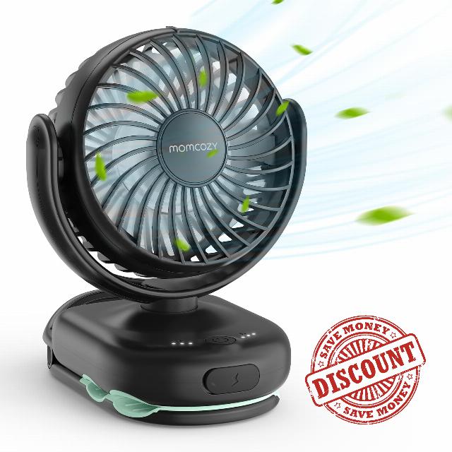 momcozy Portable Stroller Fan with Clip | 4-Speed Mini-Fan for Carrier | Personal Fans Ultra Light 0.11kg | Gaps ≤4.5mm | Handheld Cooling | Rechargeable Rotate for Diaper Backpack/Table/Chai