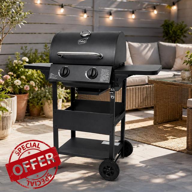 Neo 2 Burner Gas BBQ Grill with Regulator Included Side Shelves Warming Rack Bottle Opener Stainless Steel Outdoor Automatic Ignitio