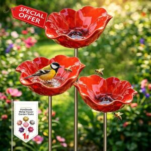 Handmade Metal Flower Garden Stake Bird Bath Bowl