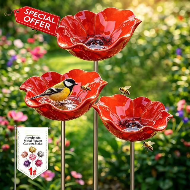 Handmade Metal Flower Garden Stake Bird Bath Bowl
