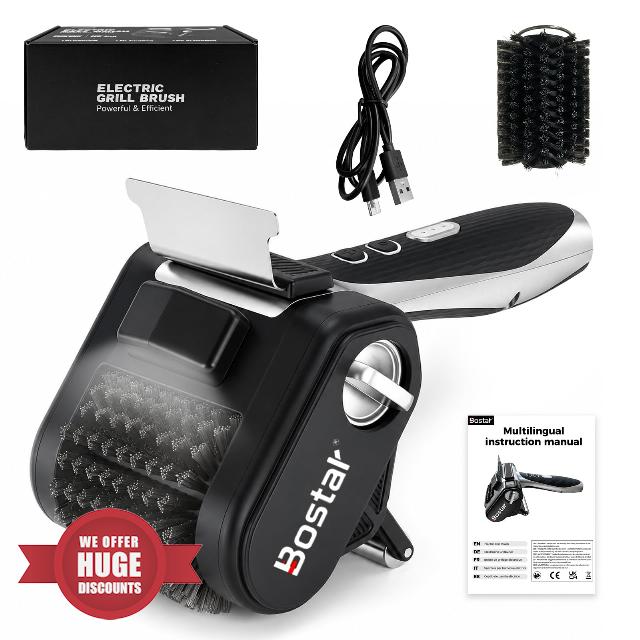 Bostar Electric Grill Brush Cordless - 4000mAh Power BBQ Cleaner with Scraper & LED Light