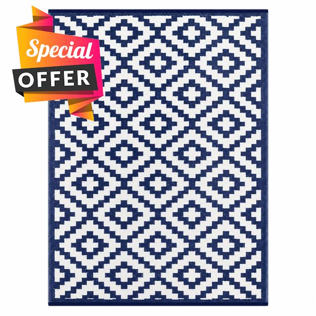 YöL Navy Reversible Outdoor Rug 240x300cm Waterproof Garden Patio Mat UV Resistant Recycled Plastic Camping Picnic Beach Rug Lightweight Durable Easy Clean Indoor Outdoor Use