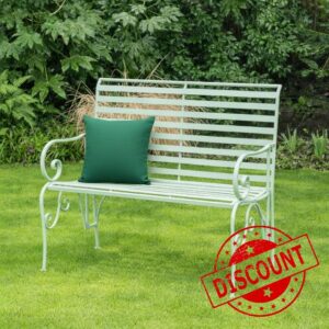 Melody Maison Sage Green Metal Ornate Distressed Garden Bench - 100cm x 92cm
