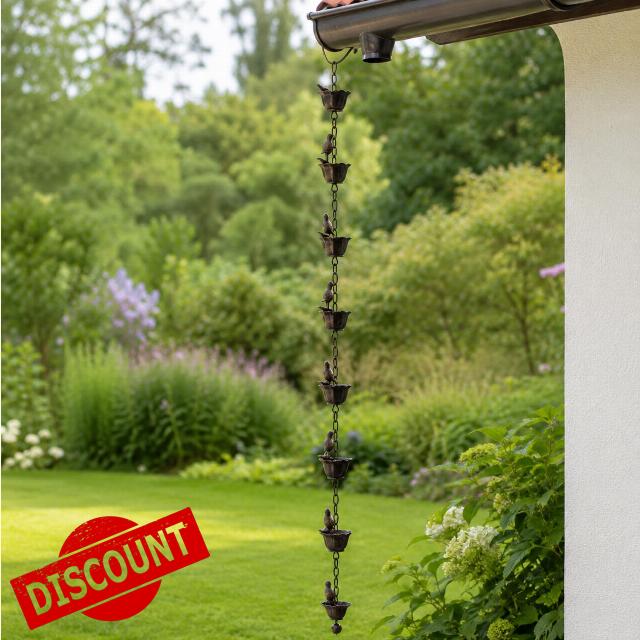 Bird Design Rain Chain – Decorative Hanging Metal Rainwater Diverter with Cups