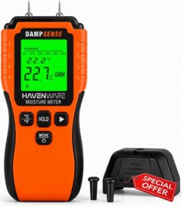 HAVENWARE DampSense Moisture Meter for Wood & Building Materials – Digital Damp Detector with LCD Backlit Display