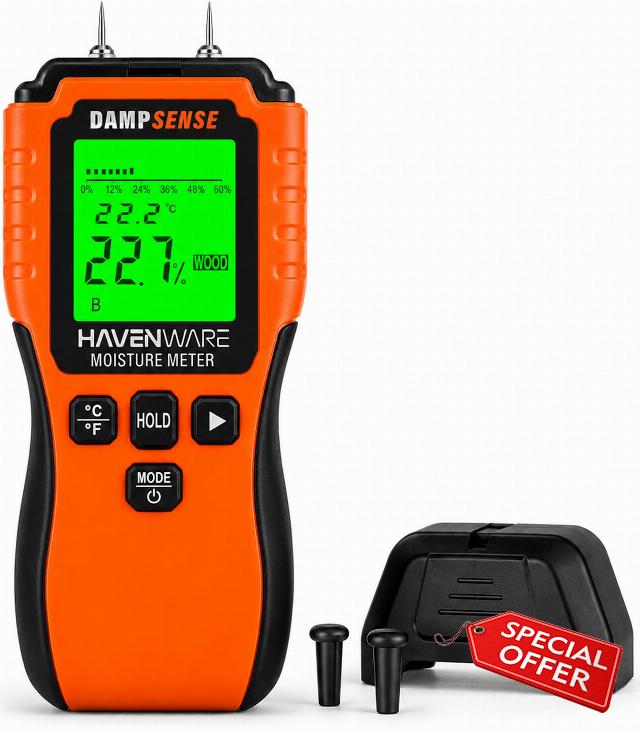 HAVENWARE DampSense Moisture Meter for Wood & Building Materials – Digital Damp Detector with LCD Backlit Display