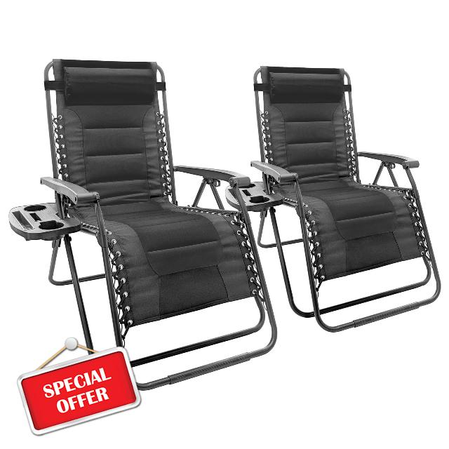 Harbour Housewares Padded Zero Gravity Chair Set with Cup and Phone Holder - 110KG Load Capacity - Black - 2 Piece Heavy-Duty Reclining Folding Outdoor Garden Camping Patio Beach Loungers Se