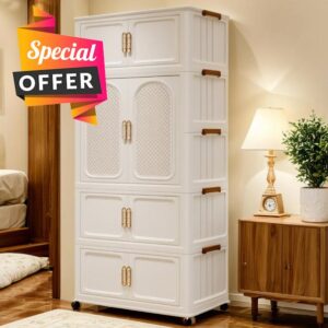 Wardrobes for Bedroom Portable Kids Wardrobe 4-Tier Foldable Closet with Lockable Wheels - Plastic Storage Cabinet for Baby Nursery