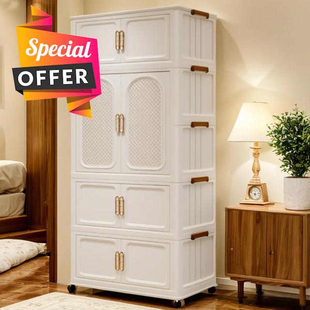 Wardrobes for Bedroom Portable Kids Wardrobe 4-Tier Foldable Closet with Lockable Wheels - Plastic Storage Cabinet for Baby Nursery