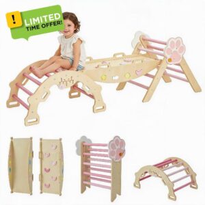 7-in-1 Wooden Indoor Climbing Frame for Toddlers Collapsible Playground Activity Center with Triangle Arch Ladder & Ramp Safe Early Childhood Educational Playhouse for Early Motor Skill Developme