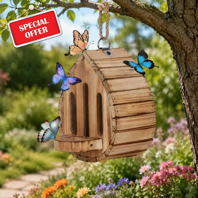 Wooden Butterfly House with Feeder