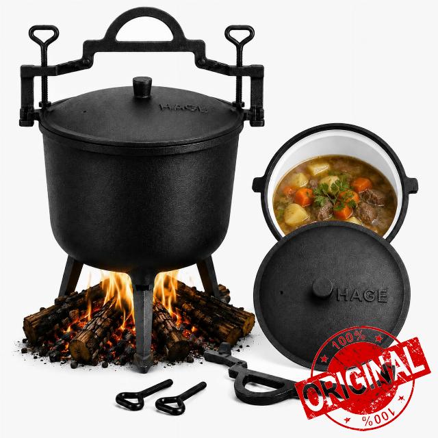 Cast Iron Goulash Pot Enamelled 10 L with Lid & Feet - Dutch Oven Hunter Pot Dutch Pot Fire Pot for Campfire Grill Camping Cooking Pot Hungarian Kettle Iron Po