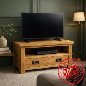 Oakcroft Rustic Small TV Unit – Solid Wood Cabinet with 1 Drawer and Open Shelf – 90cm Wide Compact TV Stand – Fully Assembled