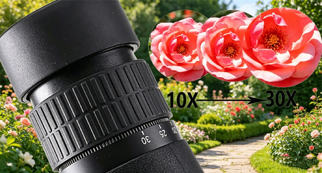 Text reads 'The twist-up eyecup'. Orange robin perched on branch beside black telephoto camera lens against blurred green foliage background.