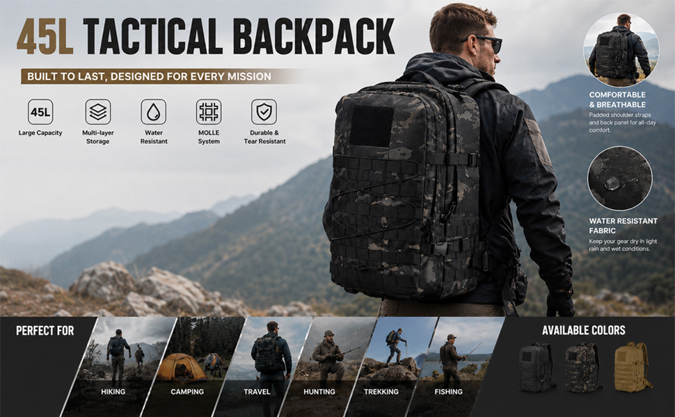Text reads '45L TACTICAL BACKPACK' with icons displaying features (waterproof, expandable capacity, USB port, multiple compartments, reflective strips). Man wearing large black tactical backpack shown from rear.