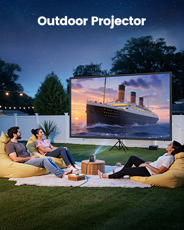 Text reads 'Smart Projector' 'Unlock unlimited content with one click'. Screen display showing streaming service interface with movie/show thumbnails in a row.
