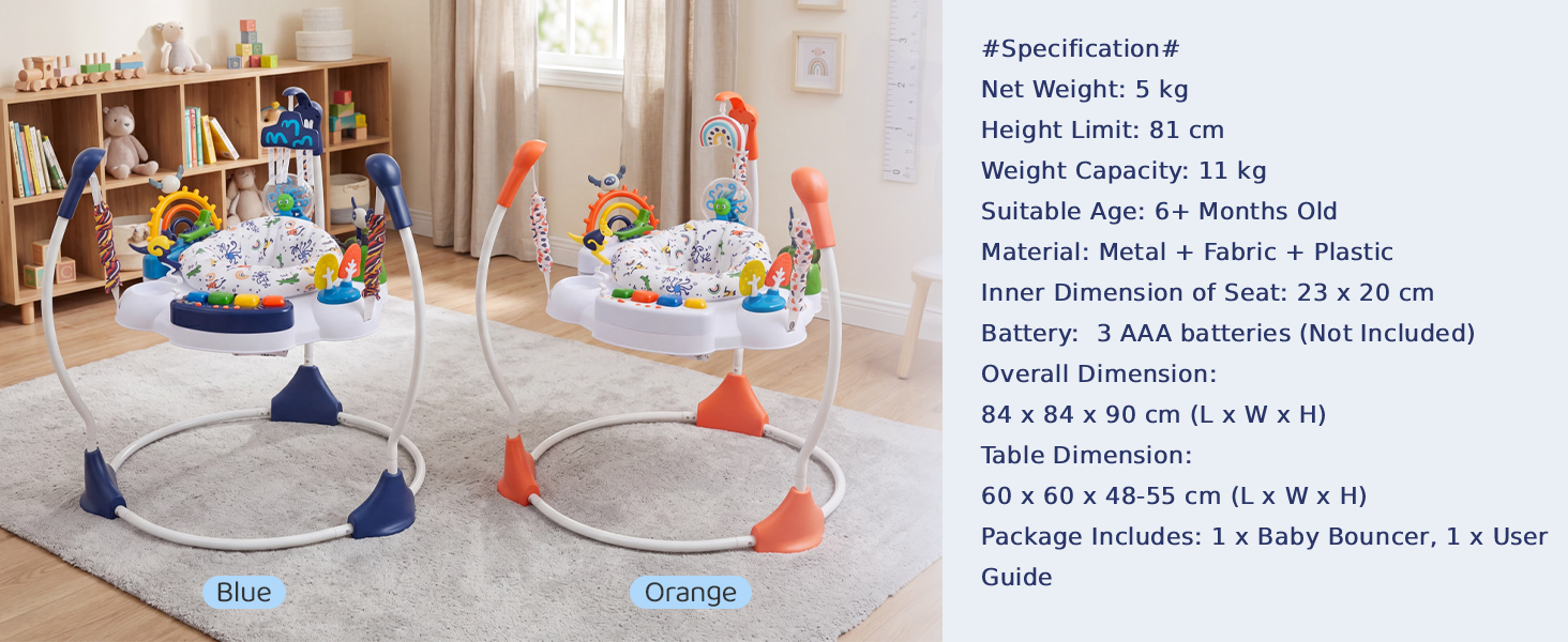 Text reads 'Net Weight: 1 kg', 'Suitable Age: 8+ months', 'Play Mat Material: Oxford cloth', 'Inner Dimensions of Bag: 23 x 28 cm', 'Packing: 3 AA batteries (not included)', 'Ball Dimensions', 'Pack Dimensions', 'Package Includes: 1 x baby blanket, 1 x user'. Colorful play mat with toys, balls, and musical instruments displayed.