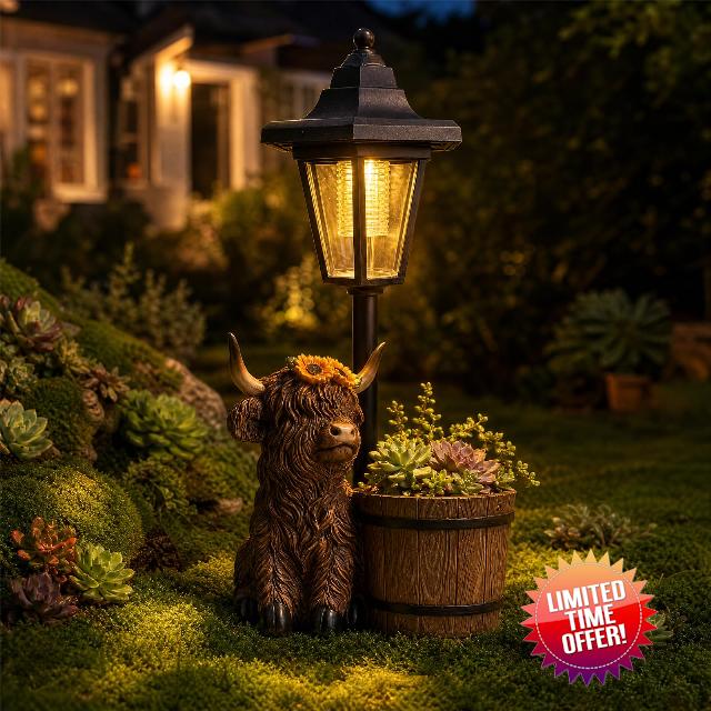 2026 Highland Cow Garden Statues with Solar Lantern Flowerpot Outdoor Decor