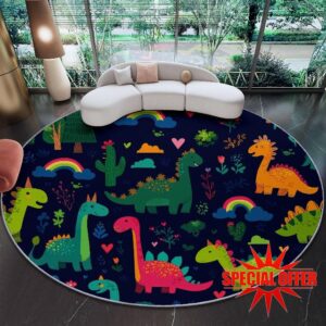 Circular Rugs 100 cm (Round) Area rug Cartoons Dinosaurs Rainbows Carpet For Bedroom and Sitting Room Rug Home Office Dining Room Kitchen Dark Gray