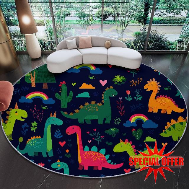 Circular Rugs 100 cm (Round) Area rug Cartoons Dinosaurs Rainbows Carpet For Bedroom and Sitting Room Rug Home Office Dining Room Kitchen Dark Gray