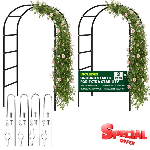 Metal Garden Arch 2.4M with Ground Stakes - 2 Pack Garden Arbour Arch Florence Trellis Plant Support for Roses Flowers - Climbing Plants Archway Indoor Outdoor Wedding Decoratio