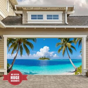 HOMETITUTE 16x7ft Tropical Beach Garage Door Banner Beach Theme Garage Door Cover Outdoor Summer Decoration with Palm Trees and Clear Blue Water for Garages Decoration and Beach Backdrop