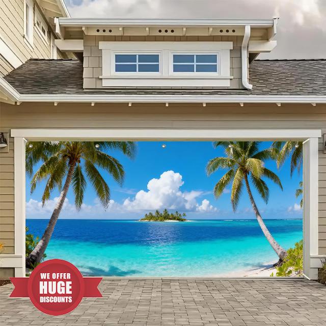 HOMETITUTE 16x7ft Tropical Beach Garage Door Banner Beach Theme Garage Door Cover Outdoor Summer Decoration with Palm Trees and Clear Blue Water for Garages Decoration and Beach Backdrop