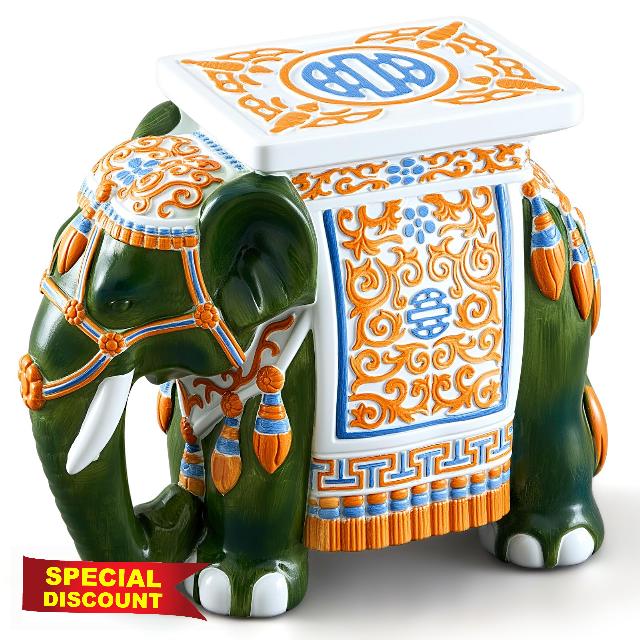 Leinuosen Elephant Table 16.5inch Bohemian Elephant Garden Stool Modern Indoor Outdoor Balcony Garden Patio Yard Lawn Home Supply for Decor Gift Coastal Cottage Traditional Resin(Green Color)