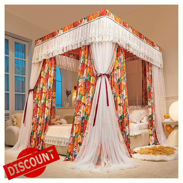 4 Poster Bed Canopy with Double Rod Frame – Princess Mosquito Net Set for Girls Bedroom